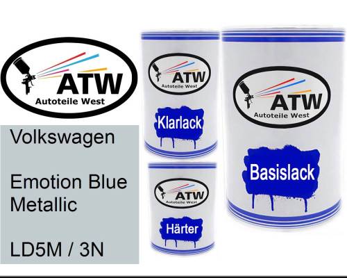 Volkswagen, Emotion Blue Metallic, LD5M / 3N: 500ml Lackdose + 500ml Klarlack + 250ml Härter - Set, von ATW Autoteile West.